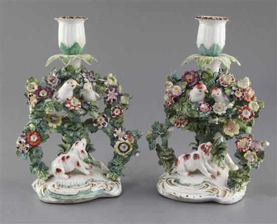 Two matching Derby candlestick groups, c.1765, h. 21cm, some restoration,